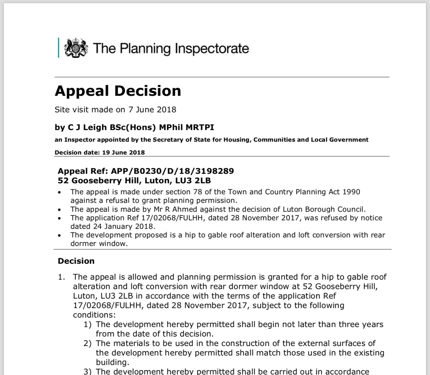 Appeal Against A Refusal Of Planning Permission For Hip To Gable